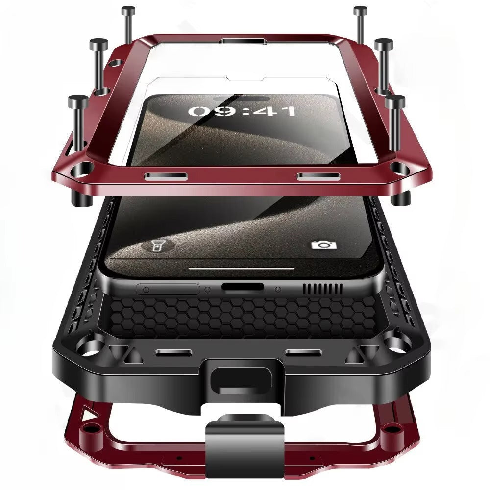 Rugged iPhone Case — Heavy-Duty Aluminum Alloy Armor Cover with Dual-Layer Metal + TPU Protection, Shockproof Screen Guard, IP54 Dustproof Anti-Fingerprint Design