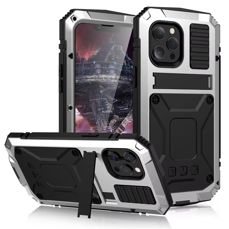 Rugged iPhone Case — Heavy-Duty Aluminum Metal Armor Cover with Tempered Glass Screen, Shockproof IP54 Water-Resistant Full-Body Protection and Kickstand