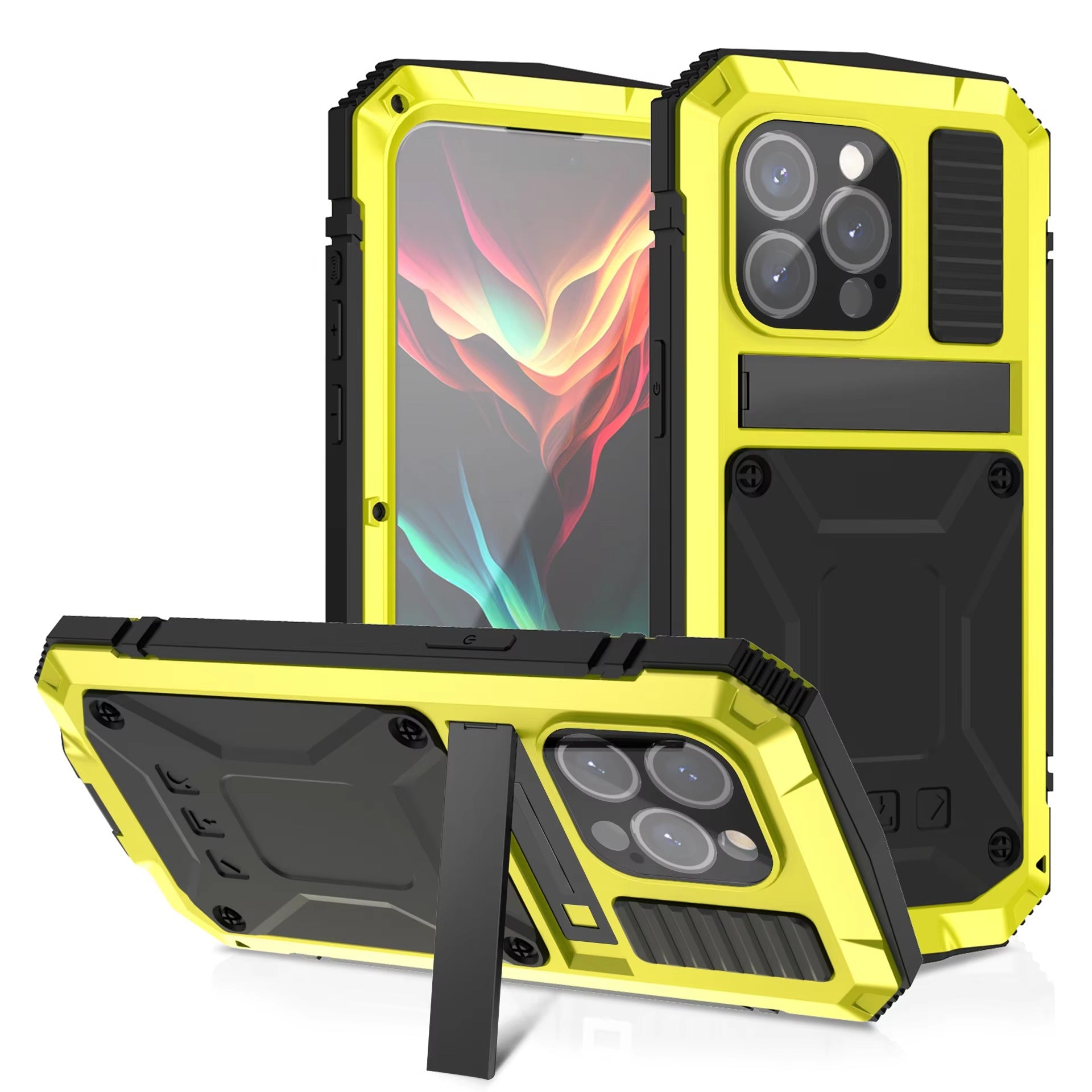 Rugged iPhone Case — Heavy-Duty Aluminum Metal Armor Cover with Tempered Glass Screen, Shockproof IP54 Water-Resistant Full-Body Protection and Kickstand