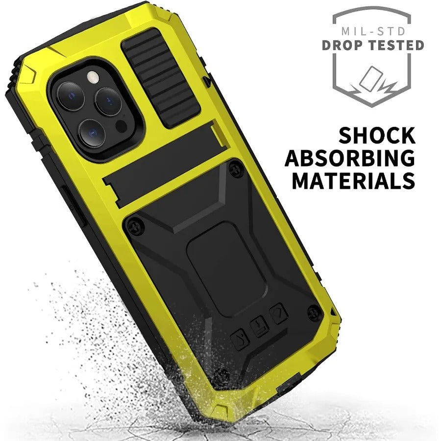 Rugged iPhone Case — Heavy-Duty Aluminum Metal Armor Cover with Tempered Glass Screen, Shockproof IP54 Water-Resistant Full-Body Protection and Kickstand