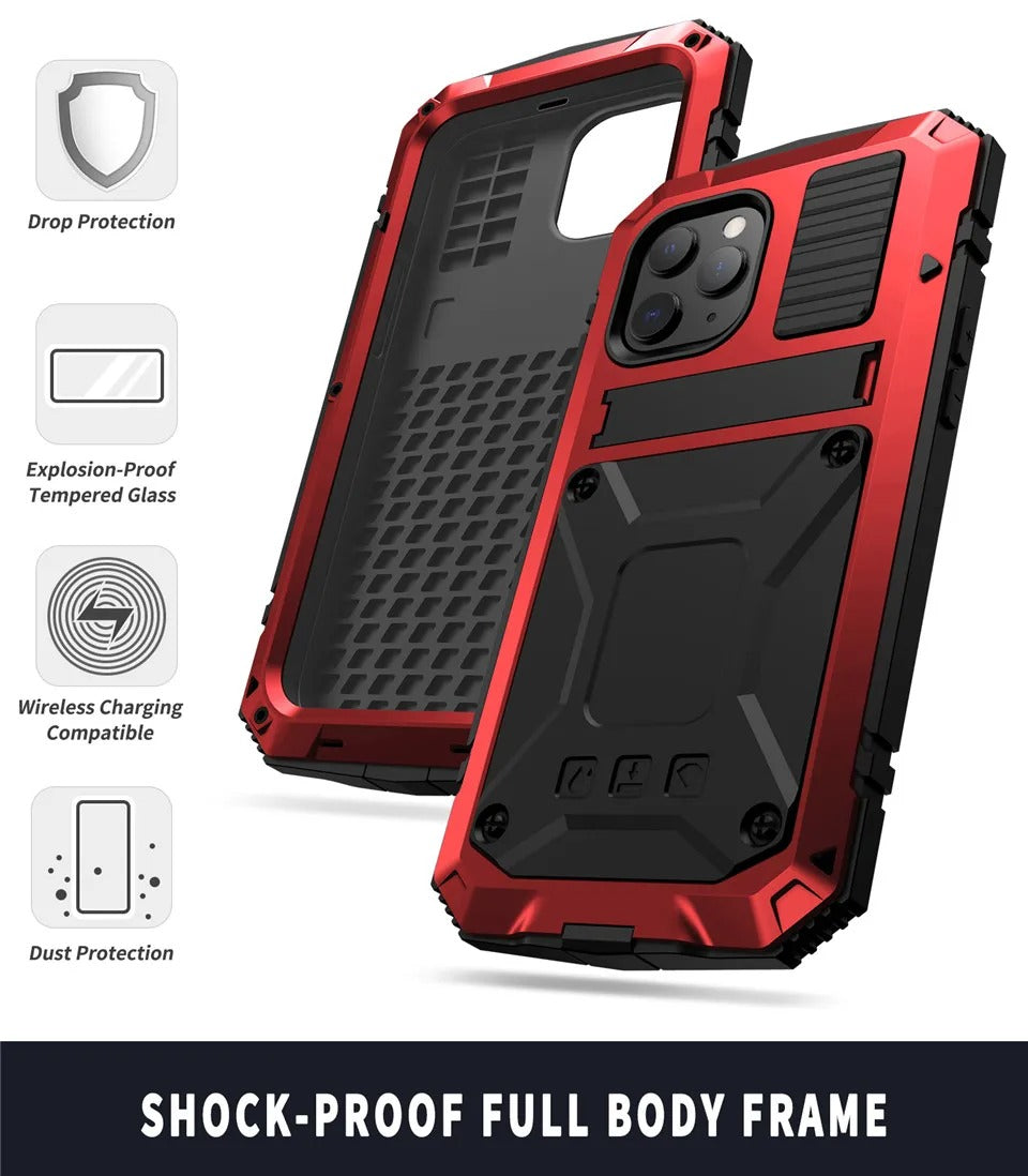 Rugged iPhone Case — Heavy-Duty Aluminum Metal Armor Cover with Tempered Glass Screen, Shockproof IP54 Water-Resistant Full-Body Protection and Kickstand