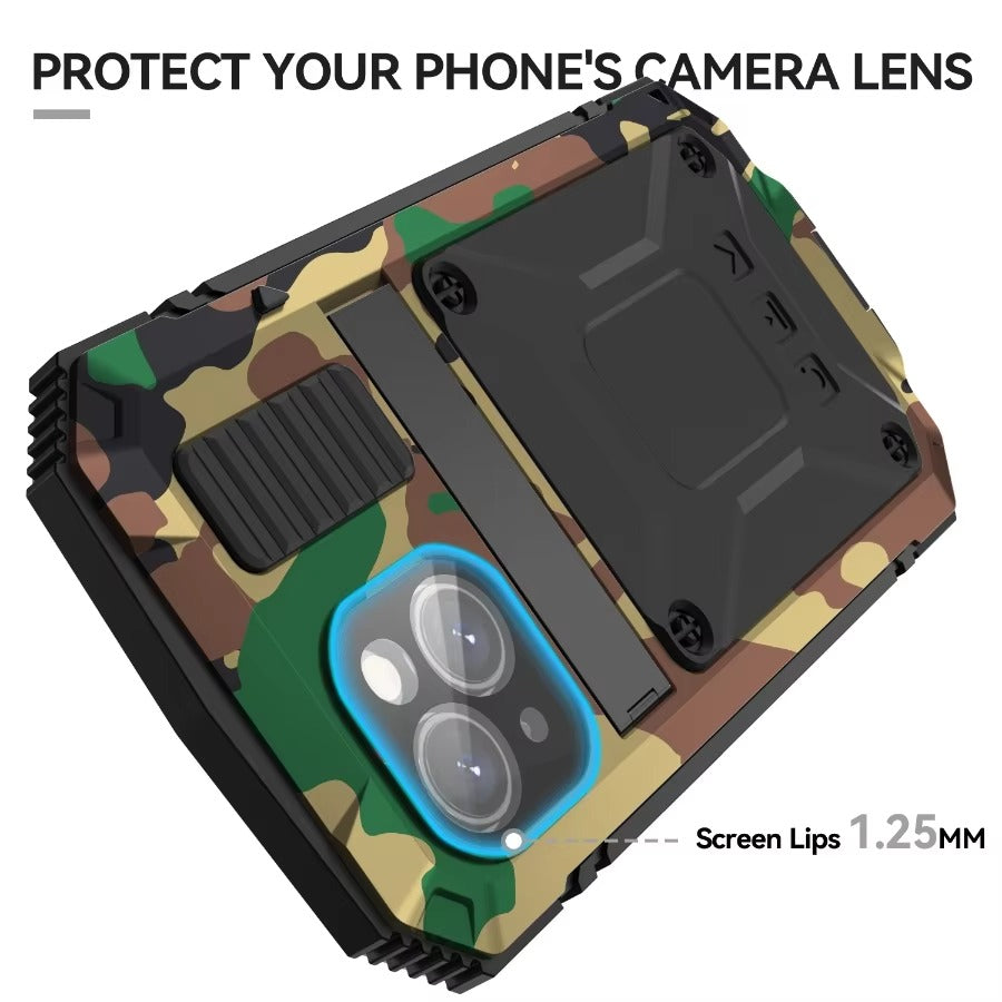 Rugged iPhone Case — Heavy-Duty Aluminum Metal Armor Cover with Tempered Glass Screen, Shockproof IP54 Water-Resistant Full-Body Protection and Kickstand