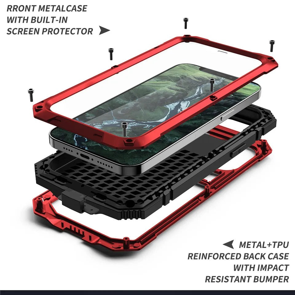 Rugged iPhone Case — Heavy-Duty Aluminum Metal Cover with Screen & Lens Protector, Dual-Layer Shockproof Design, IP54 Dustproof Water-Resistant Finish
