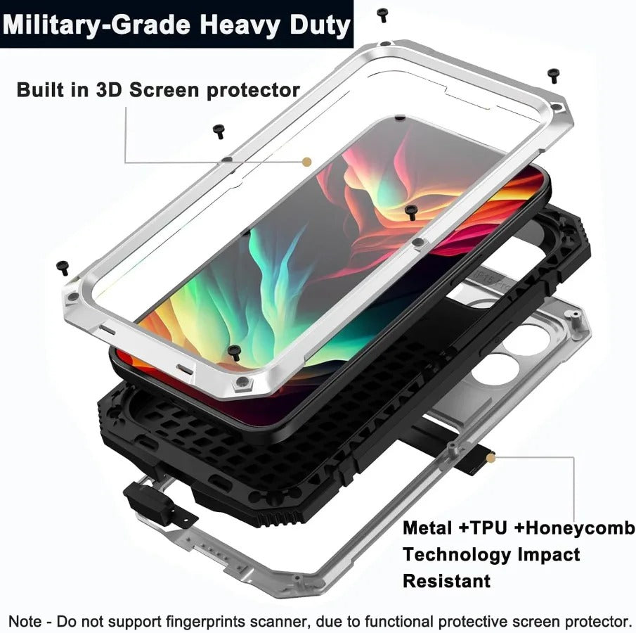 Rugged iPhone Case — Heavy-Duty Aluminum Metal Cover with Screen & Lens Protector, Dual-Layer Shockproof Design, IP54 Dustproof Water-Resistant Finish
