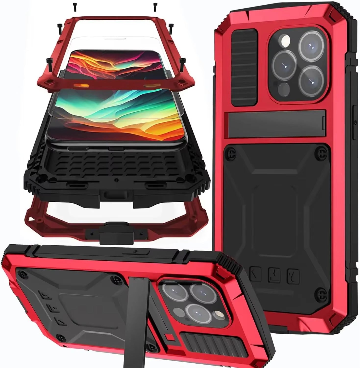 Rugged iPhone Case — Heavy-Duty Aluminum Metal Cover with Screen & Lens Protector, Dual-Layer Shockproof Design, IP54 Dustproof Water-Resistant Finish