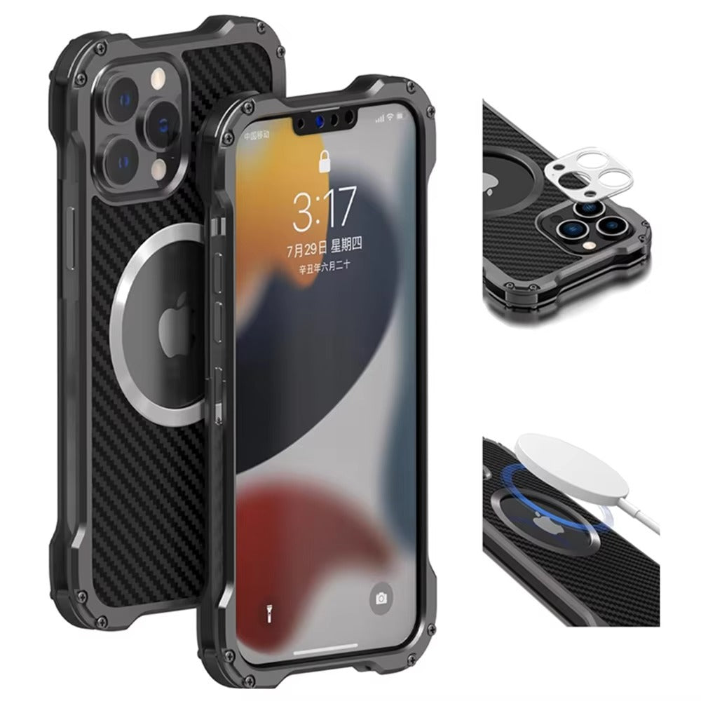 Rugged iPhone Case — Heavy-Duty Aluminum + Carbon Fiber Bumper Cover with Shockproof Design, Magnetic Heat-Dissipation Build and Lens Protector
