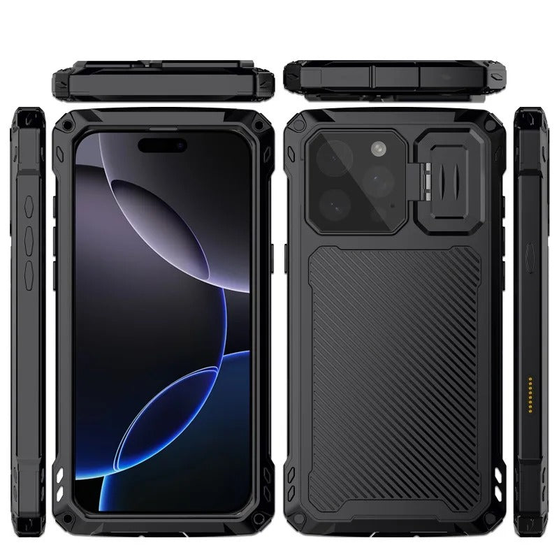Rugged iPhone Case — Heavy-Duty Metal MagSafe Cover with Camera Guard Kickstand, 9H Screen & Lens Protectors, Dual-Layer Aluminum Bumper & Military-Grade Shockproof Design