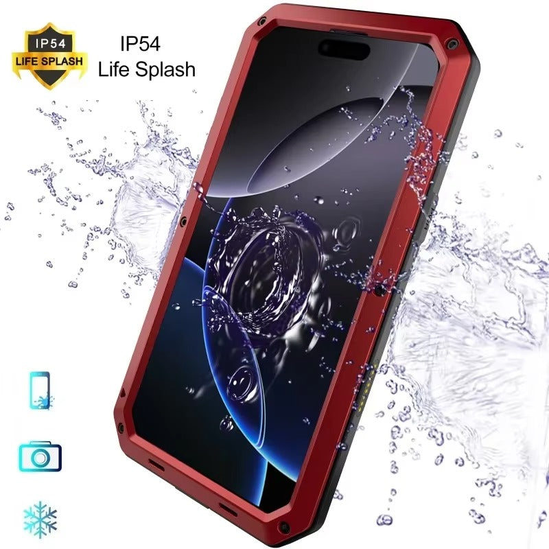 Rugged iPhone Case — Heavy-Duty Metal Protective Cover with Built-In Glass Screen Protector and Tough Shockproof TPU+PC Design