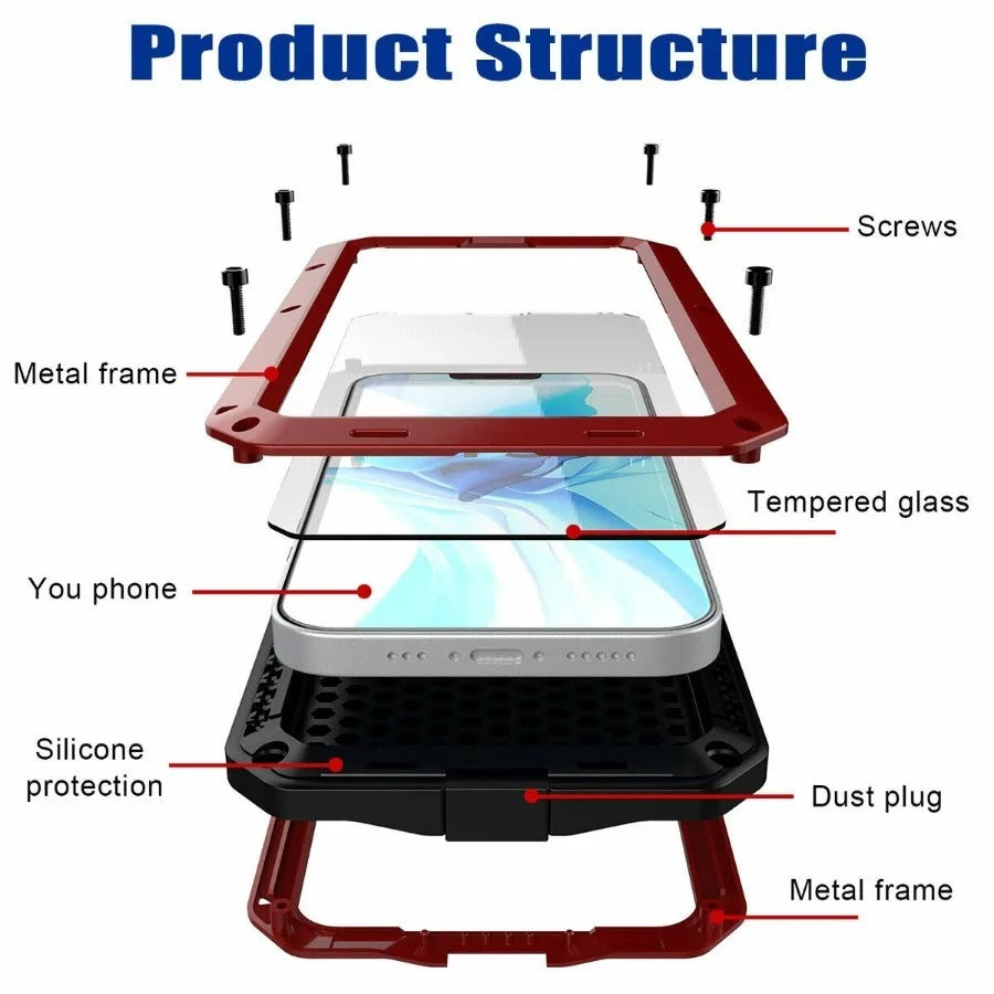 Rugged iPhone Case — Heavy-Duty Metal Protective Cover with Built-In Glass Screen Protector and Tough Shockproof TPU+PC Design