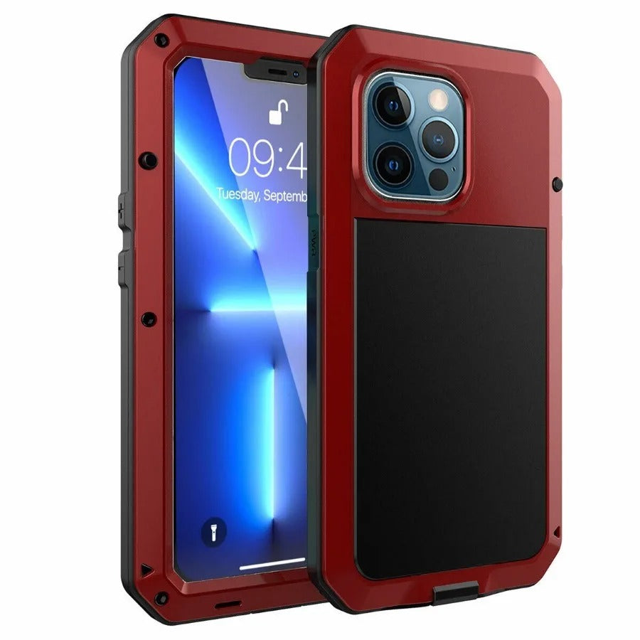 Rugged iPhone Case — Heavy-Duty Metal Protective Cover with Built-In Glass Screen Protector and Tough Shockproof TPU+PC Design