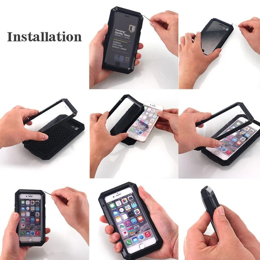 Rugged iPhone Case — Heavy-Duty Metal Protective Cover with Built-In Glass Screen Protector and Tough Shockproof TPU+PC Design
