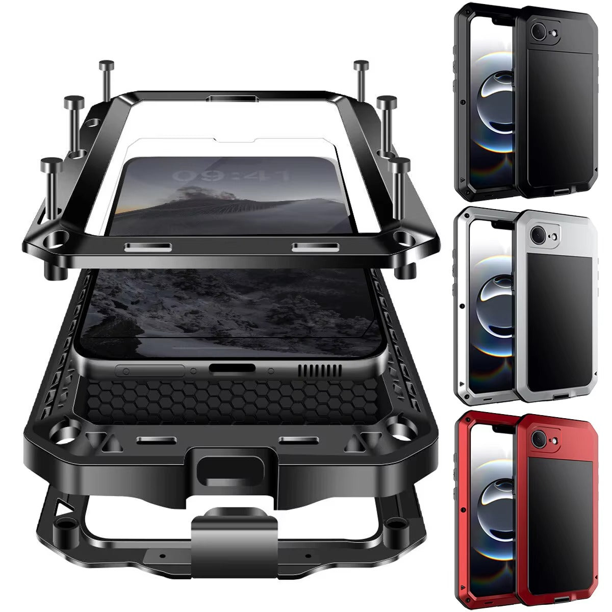 Rugged iPhone Case — Heavy-Duty Metal Protective Cover with Built-In Glass Screen Protector and Tough Shockproof TPU+PC Design