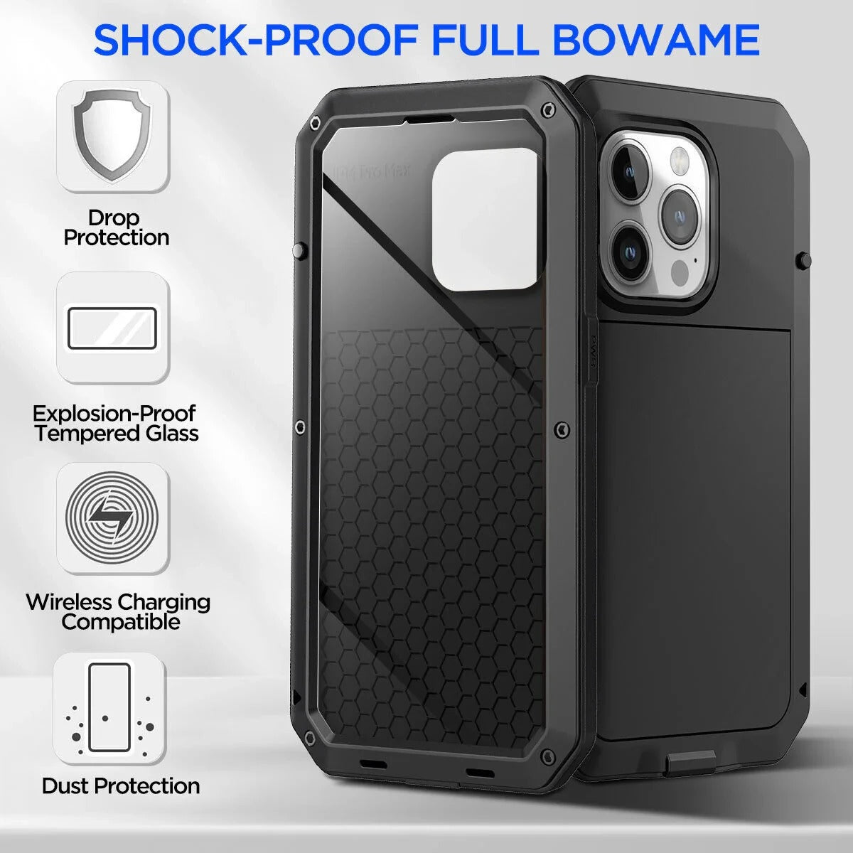 Rugged iPhone Case — Heavy-Duty Metal Protective Cover with Built-In Glass Screen Protector and Tough Shockproof TPU+PC Design