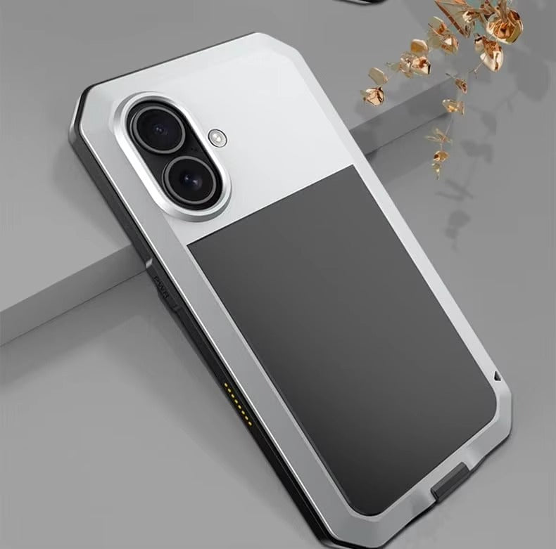 Rugged iPhone Case — Heavy-Duty Metal Protective Cover with Built-In Glass Screen Protector and Tough Shockproof TPU+PC Design