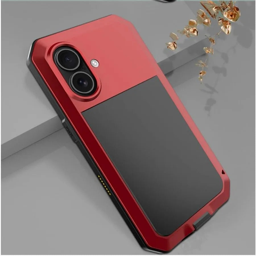 Rugged iPhone Case — Heavy-Duty Metal Protective Cover with Built-In Glass Screen Protector and Tough Shockproof TPU+PC Design