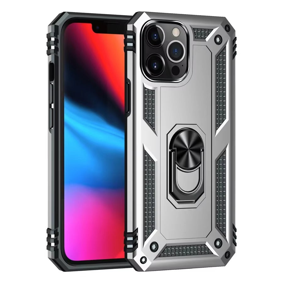 Rugged iPhone Case — Heavy-Duty PC+TPU Protective Cover with Metal Bracket Holder and Shockproof Anti-Fall Design