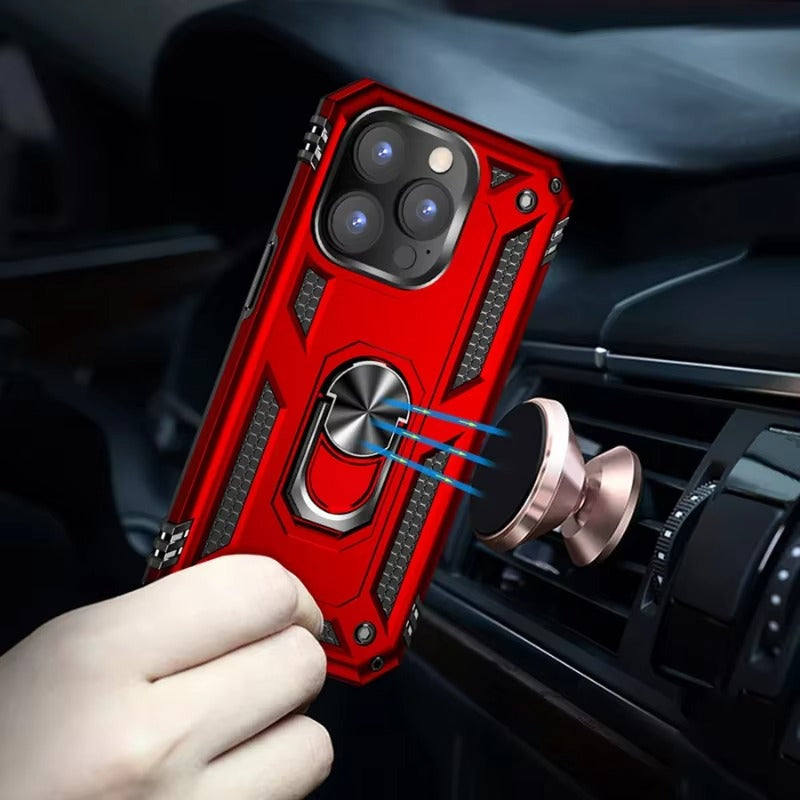 Rugged iPhone Case — Heavy-Duty PC+TPU Protective Cover with Metal Bracket Holder and Shockproof Anti-Fall Design