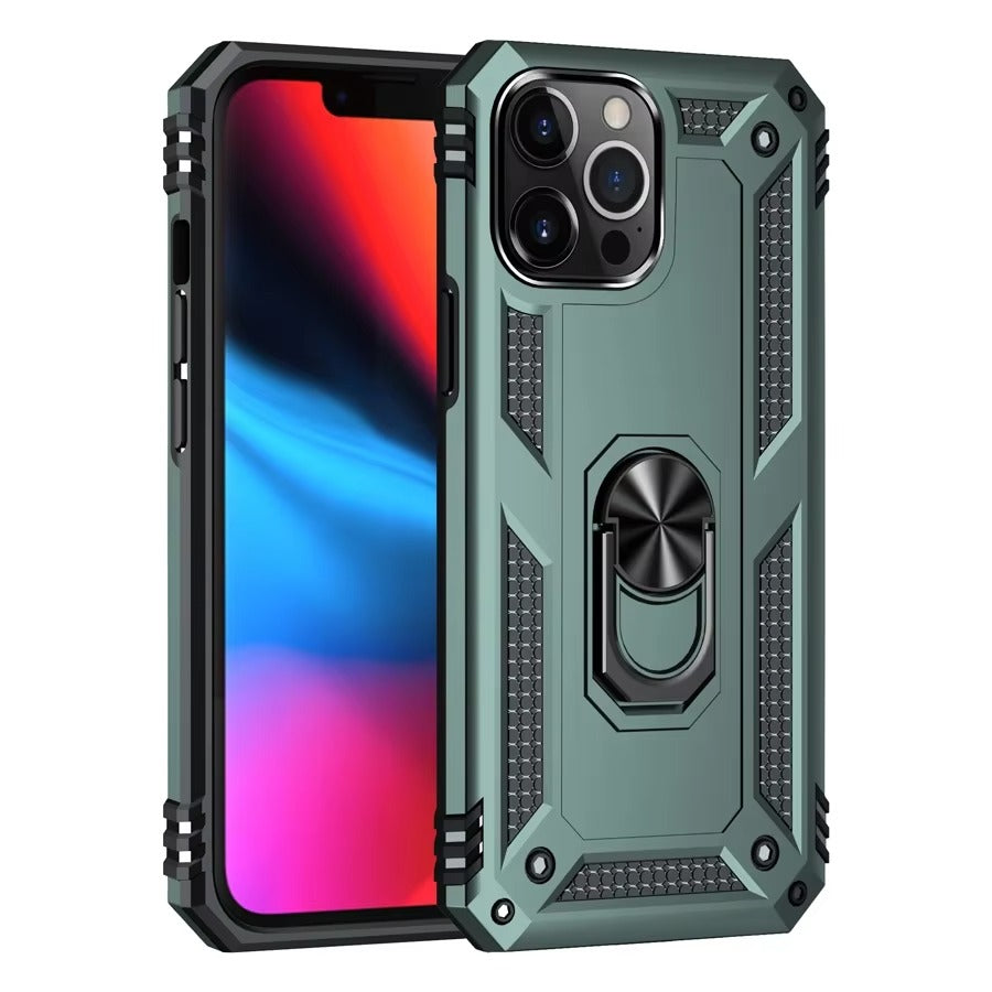 Rugged iPhone Case — Heavy-Duty PC+TPU Protective Cover with Metal Bracket Holder and Shockproof Anti-Fall Design