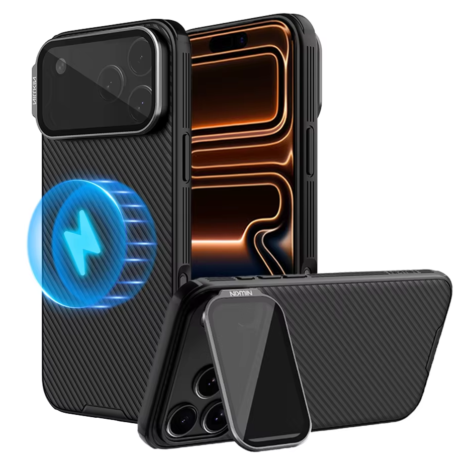 Rugged iPhone Case — MagSafe CamShield Cover with Foldable Lens Stand, Shockproof Textured PC Half-Wrapped Non-Slip Protective Design