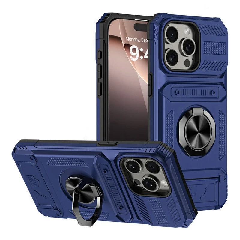 Rugged iPhone Case — Magnetic Wallet Cover with 360° Ring Kickstand, Dual-Layer Metal + TPU Protection, Hidden Card Slots and Heavy-Duty Drop-Resistant Design