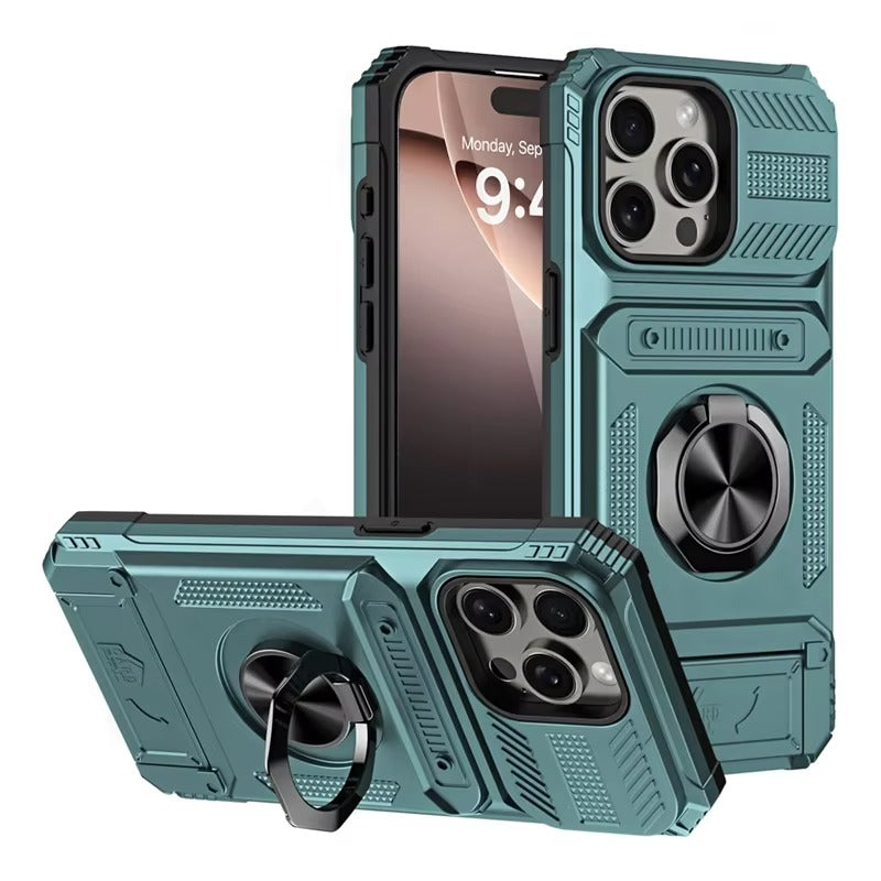 Rugged iPhone Case — Magnetic Wallet Cover with 360° Ring Kickstand, Dual-Layer Metal + TPU Protection, Hidden Card Slots and Heavy-Duty Drop-Resistant Design