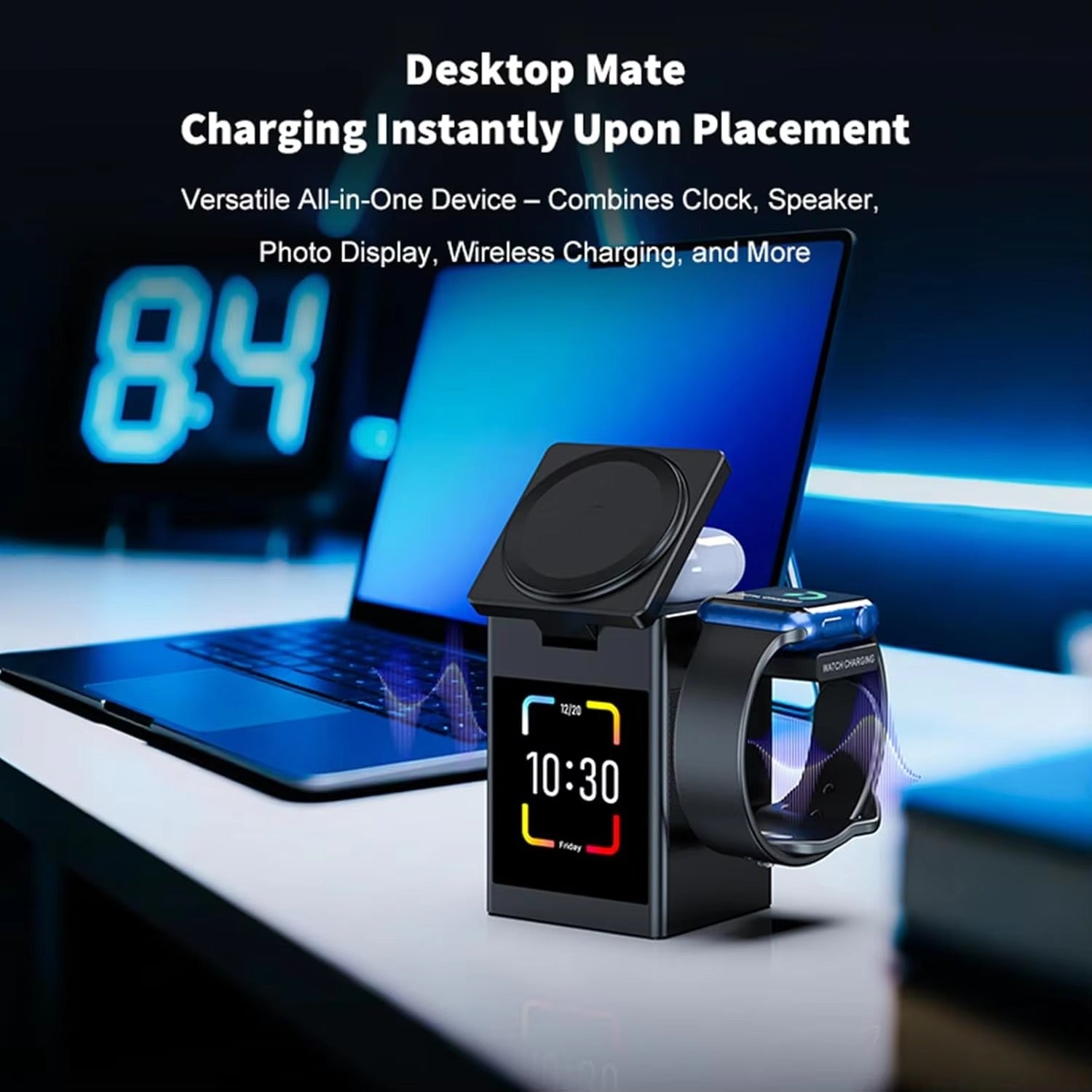Premium iPhone Magnetic Wireless Charging Station, 15W Fast-Charge Stand with LED Display, Bluetooth Speaker & Alarm Clock