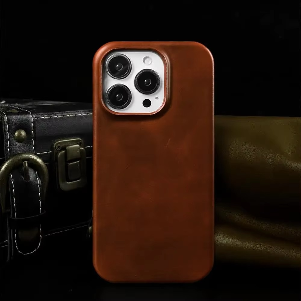 Luxury Genuine Leather iPhone Case — Half-Wrapped Anti-Scratch Dustproof Cover, Vintage Retro Business Style, Lightweight Non-Slip Design
