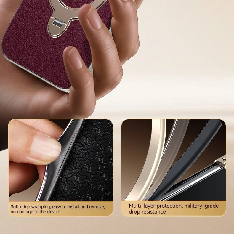 Luxury iPhone Case — PU Leather Cover with Rotating Metal Bracket Stand, Shockproof Back Protection and Premium Non-Slip Design