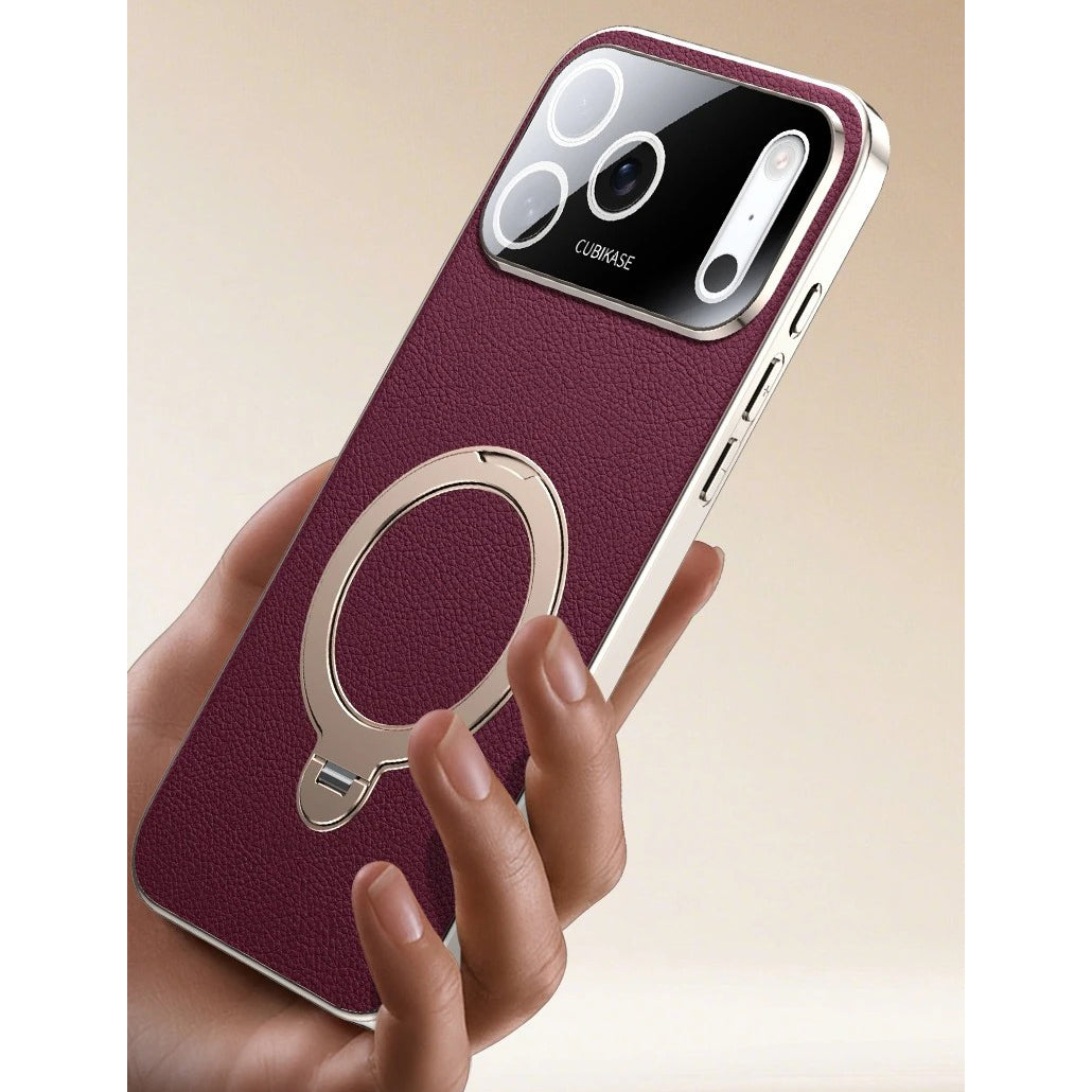 Luxury iPhone Case — PU Leather Cover with Rotating Metal Bracket Stand, Shockproof Back Protection and Premium Non-Slip Design