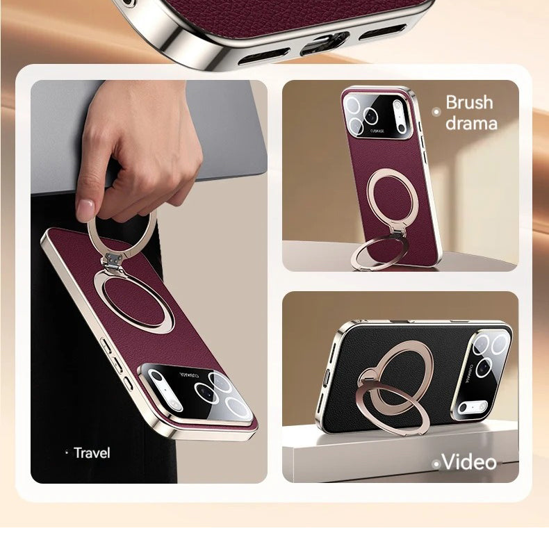 Luxury iPhone Case — PU Leather Cover with Rotating Metal Bracket Stand, Shockproof Back Protection and Premium Non-Slip Design