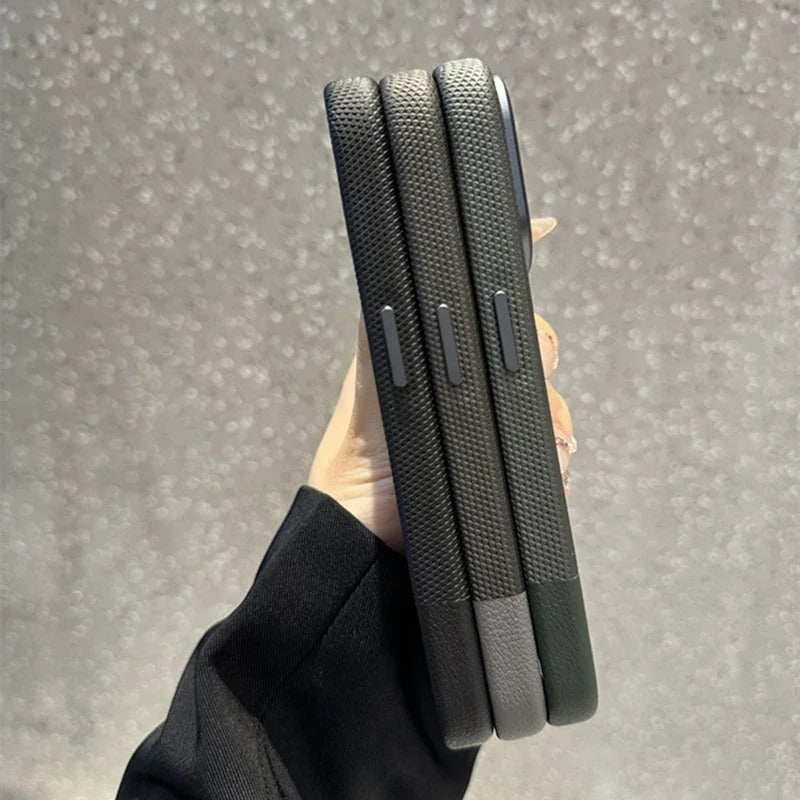 Luxury iPhone MagSafe Leather Case — Trendy Hit Color Relief Design with Alloy Lens Protection, Wireless Charging, Shockproof Anti-Fingerprint Cover