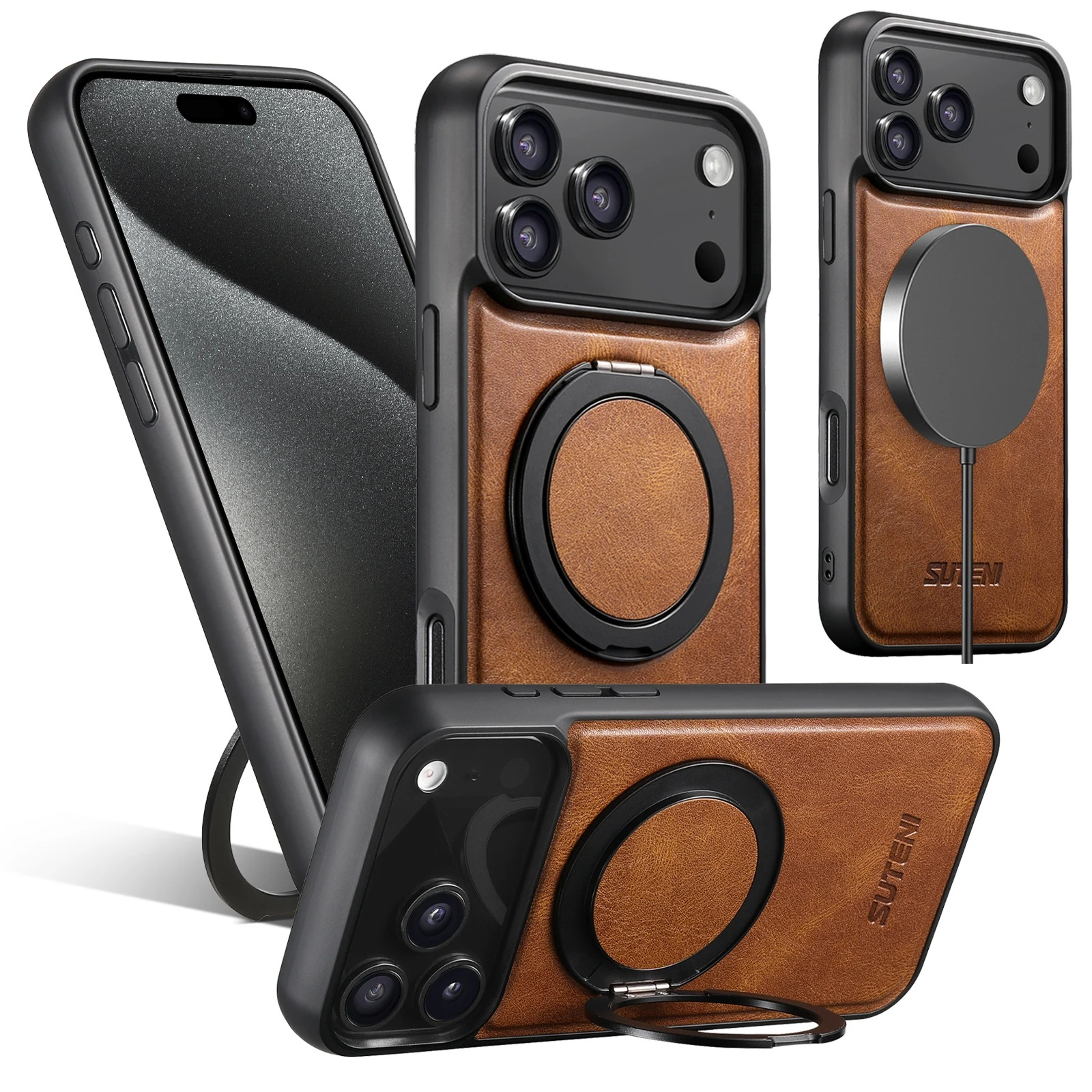 Ultra-Slim Magnetic iPhone Case — 360° Rotating Stand, Oil Wax PU Leather, Wireless Charging Compatible, Shock-Resistant Back Cover
