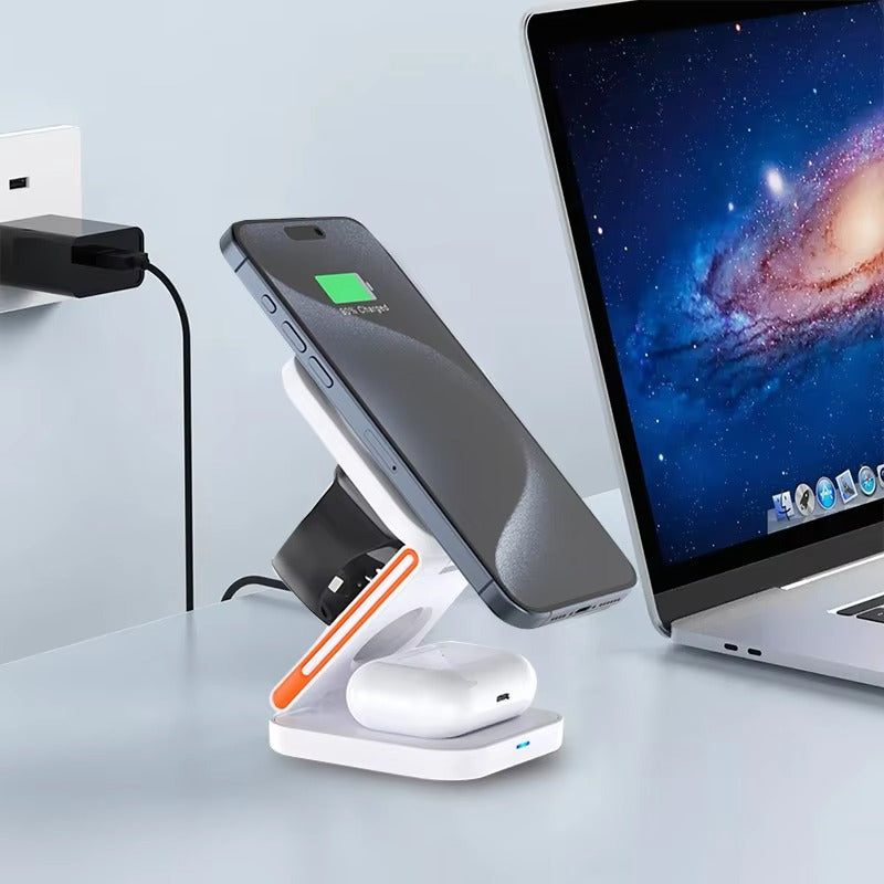 Ultra-Slim iPhone 3-in-1 Foldable Magnetic Wireless Charging Station, 15W Fast-Charge Stand for Watch, Phone & Earbuds