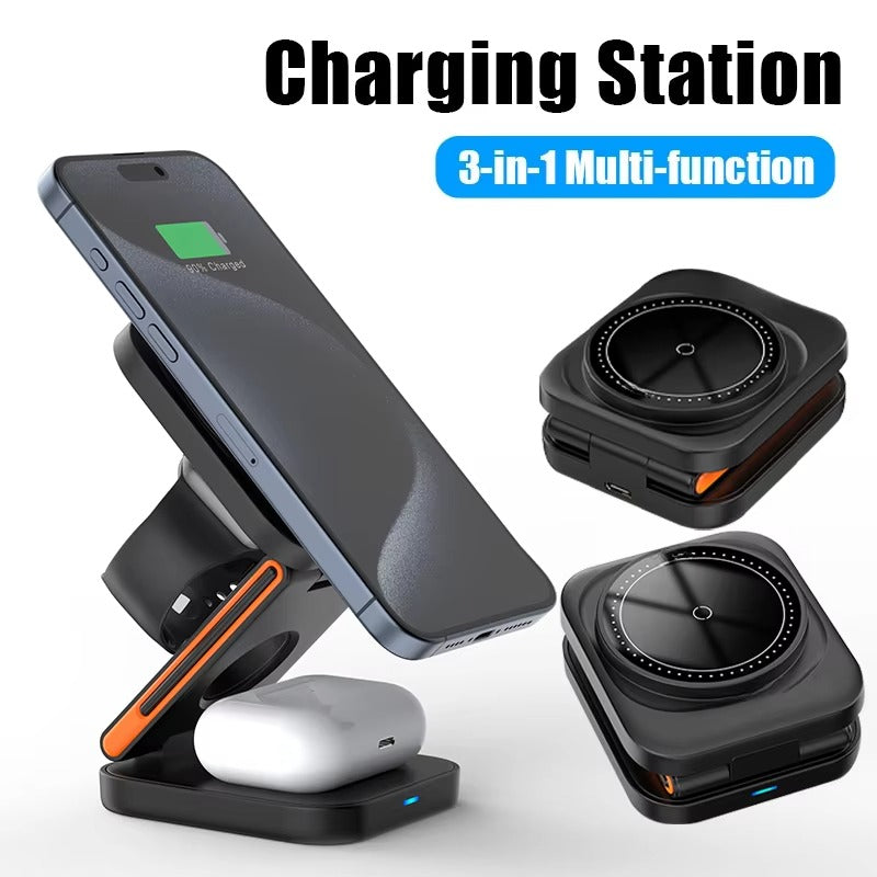 Ultra-Slim iPhone 3-in-1 Foldable Magnetic Wireless Charging Station, 15W Fast-Charge Stand for Watch, Phone & Earbuds