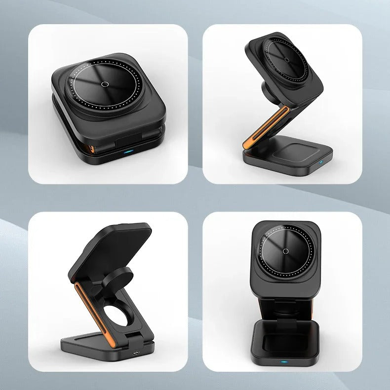 Ultra-Slim iPhone 3-in-1 Foldable Magnetic Wireless Charging Station, 15W Fast-Charge Stand for Watch, Phone & Earbuds