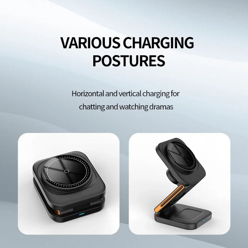 Ultra-Slim iPhone 3-in-1 Foldable Magnetic Wireless Charging Station, 15W Fast-Charge Stand for Watch, Phone & Earbuds