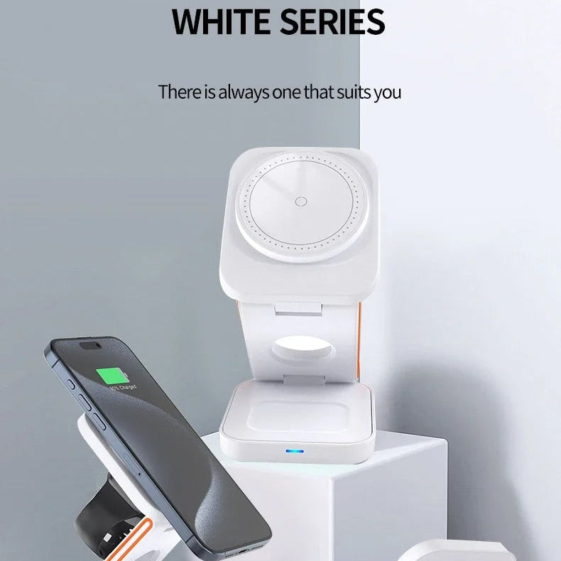 Ultra-Slim iPhone 3-in-1 Foldable Magnetic Wireless Charging Station, 15W Fast-Charge Stand for Watch, Phone & Earbuds