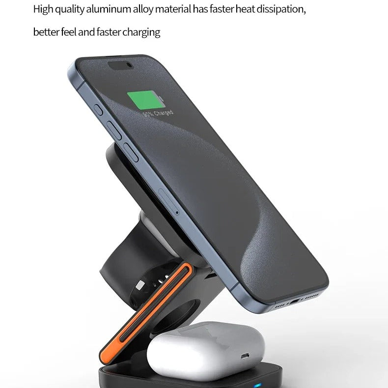 Ultra-Slim iPhone 3-in-1 Foldable Magnetic Wireless Charging Station, 15W Fast-Charge Stand for Watch, Phone & Earbuds