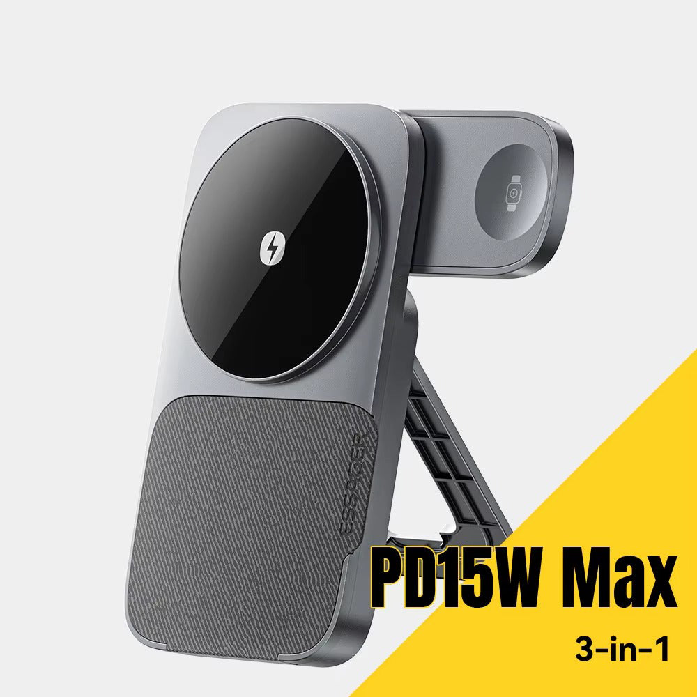 Ultra-Slim iPhone 3-in-1 Portable Wireless Charger Stand, 15W Magnetic Fast-Charge Dock for Phone, Watch & Earbuds with Foldable Design