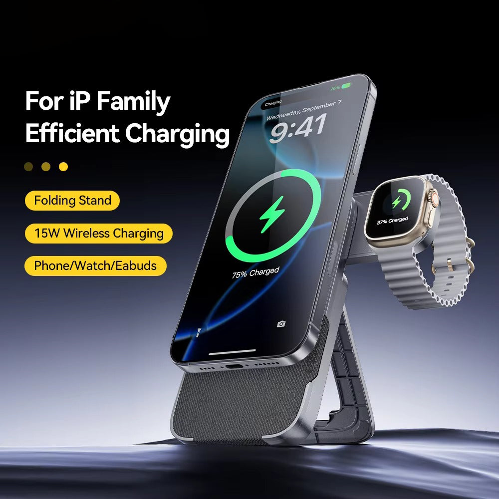 Ultra-Slim iPhone 3-in-1 Portable Wireless Charger Stand, 15W Magnetic Fast-Charge Dock for Phone, Watch & Earbuds with Foldable Design