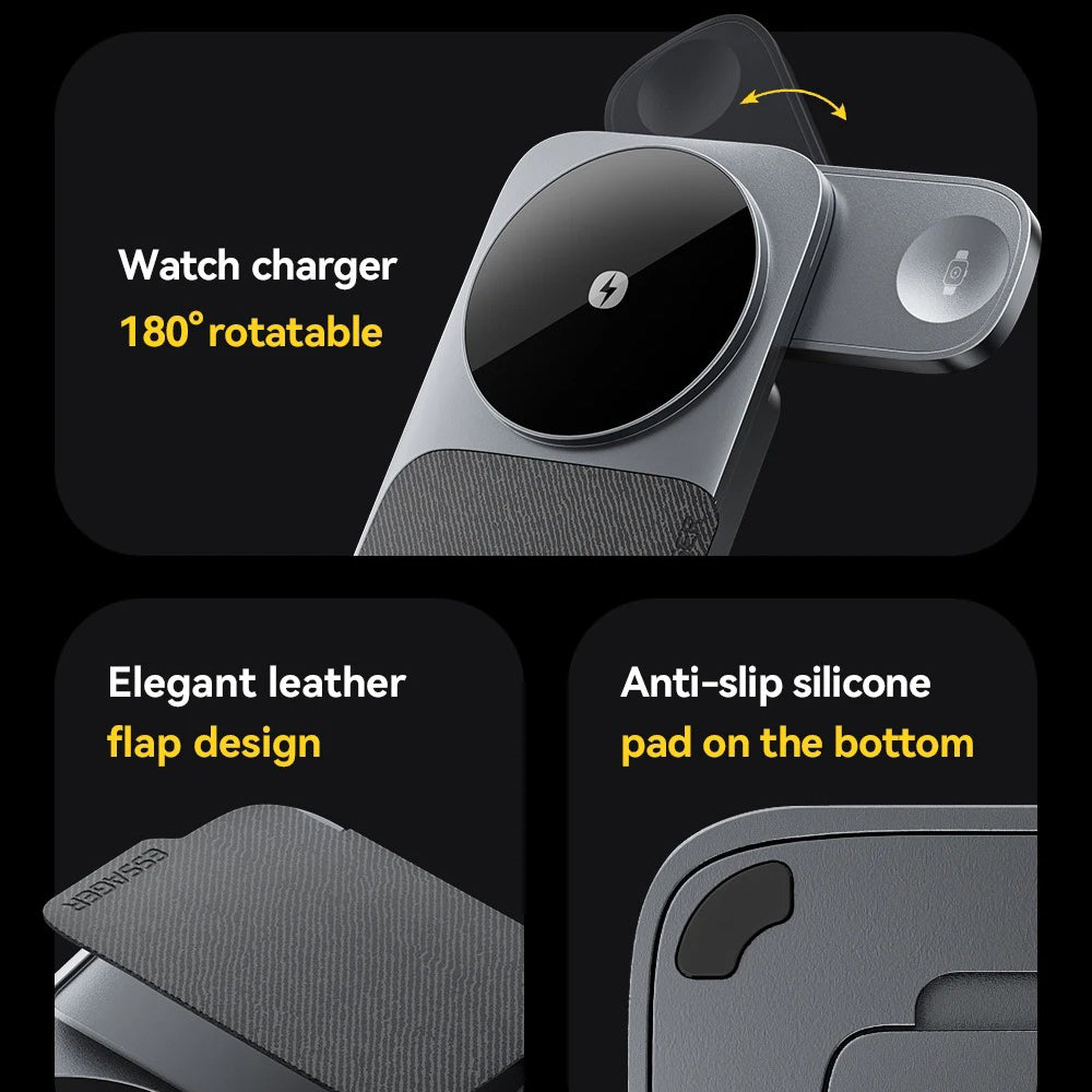Ultra-Slim iPhone 3-in-1 Portable Wireless Charger Stand, 15W Magnetic Fast-Charge Dock for Phone, Watch & Earbuds with Foldable Design