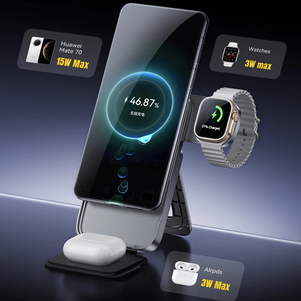 Ultra-Slim iPhone 3-in-1 Portable Wireless Charger Stand, 15W Magnetic Fast-Charge Dock for Phone, Watch & Earbuds with Foldable Design