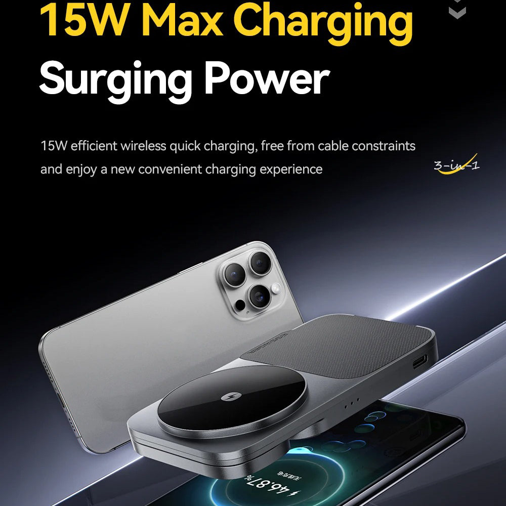 Ultra-Slim iPhone 3-in-1 Portable Wireless Charger Stand, 15W Magnetic Fast-Charge Dock for Phone, Watch & Earbuds with Foldable Design