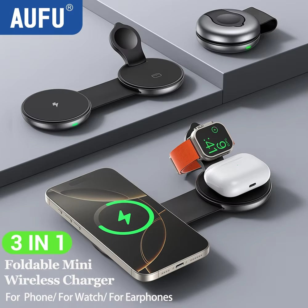 Ultra-Slim iPhone 3-in-1 Portable Wireless Charging Station, 15W Magnetic Foldable Travel Dock for Phone, Watch & Earbuds
