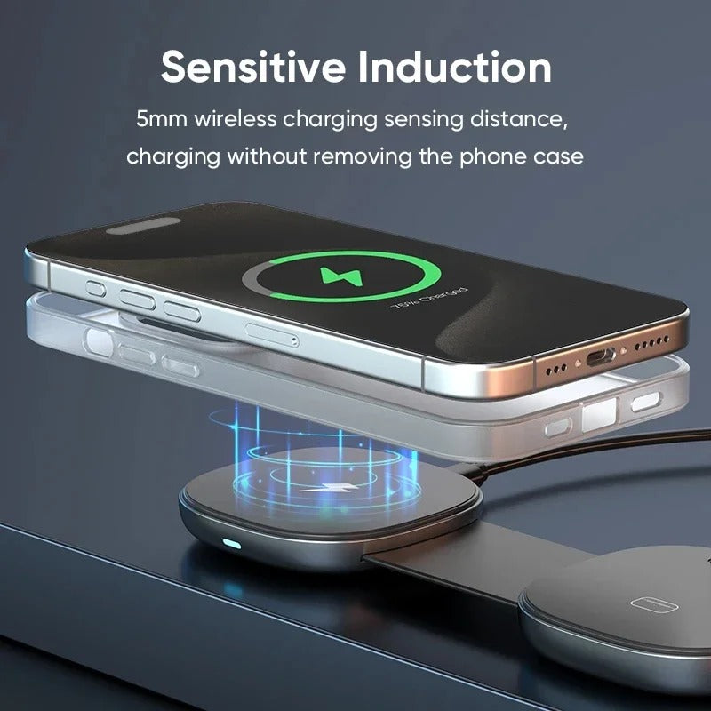 Ultra-Slim iPhone 3-in-1 Portable Wireless Charging Station, 15W Magnetic Foldable Travel Dock for Phone, Watch & Earbuds