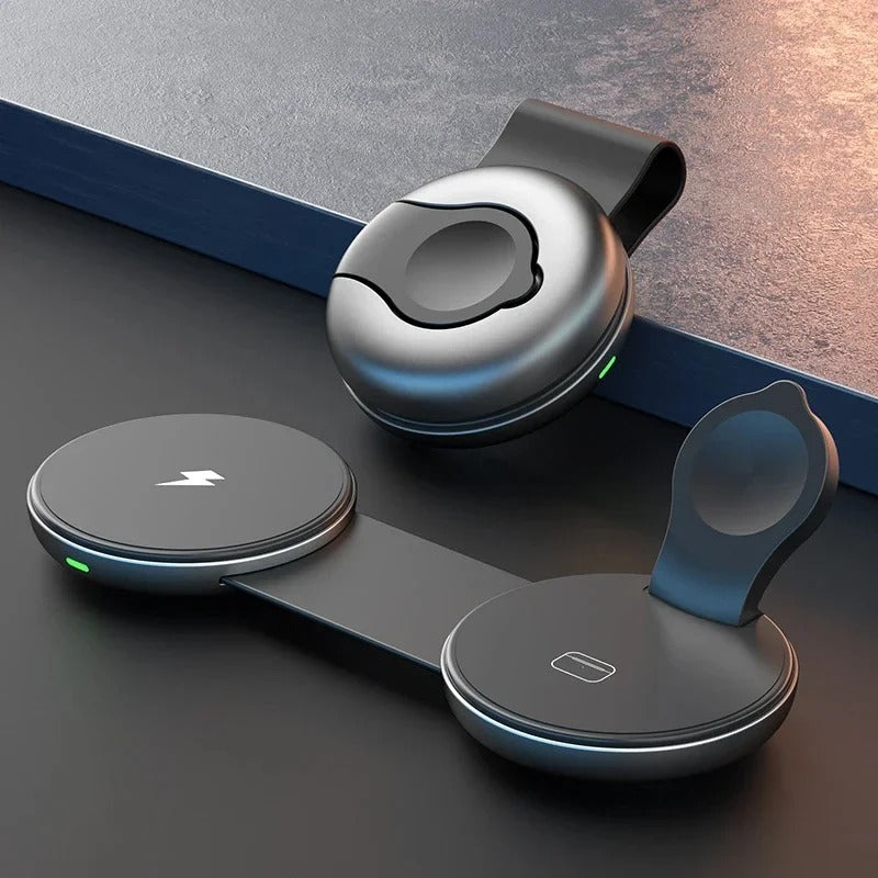 Ultra-Slim iPhone 3-in-1 Portable Wireless Charging Station, 15W Magnetic Foldable Travel Dock for Phone, Watch & Earbuds