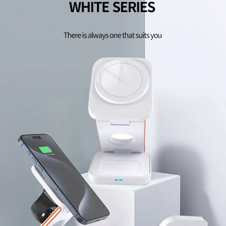 Elite iPhone 3-in-1 Foldable Magnetic Wireless Charging Station, 30W Fast-Charge Portable Stand for Watch, Phone & Earbuds