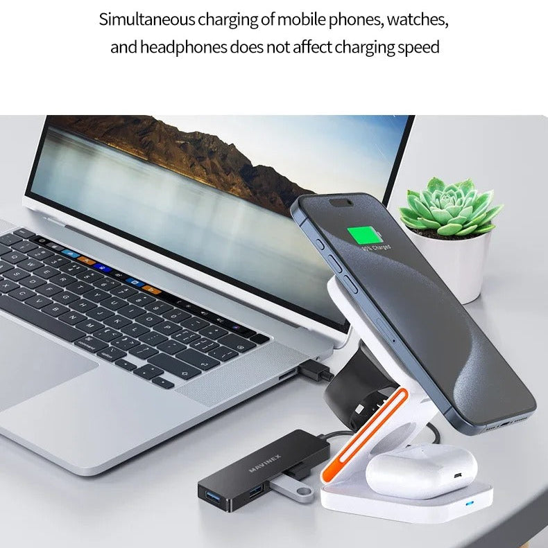 Elite iPhone 3-in-1 Foldable Magnetic Wireless Charging Station, 30W Fast-Charge Portable Stand for Watch, Phone & Earbuds