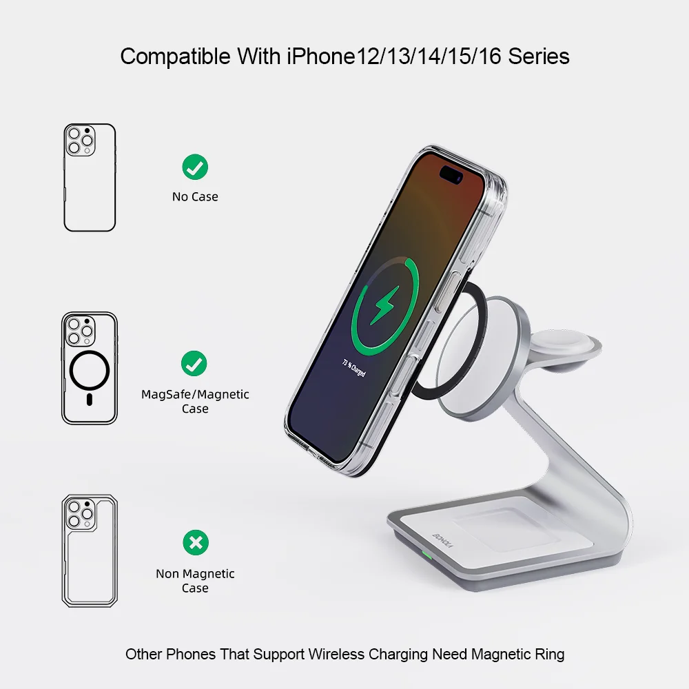 Elite iPhone 3-in-1 Magnetic Wireless Charging Station, 28W Fast-Charge Metal Dock for Phone, Watch & Earbuds with Aluminum Design