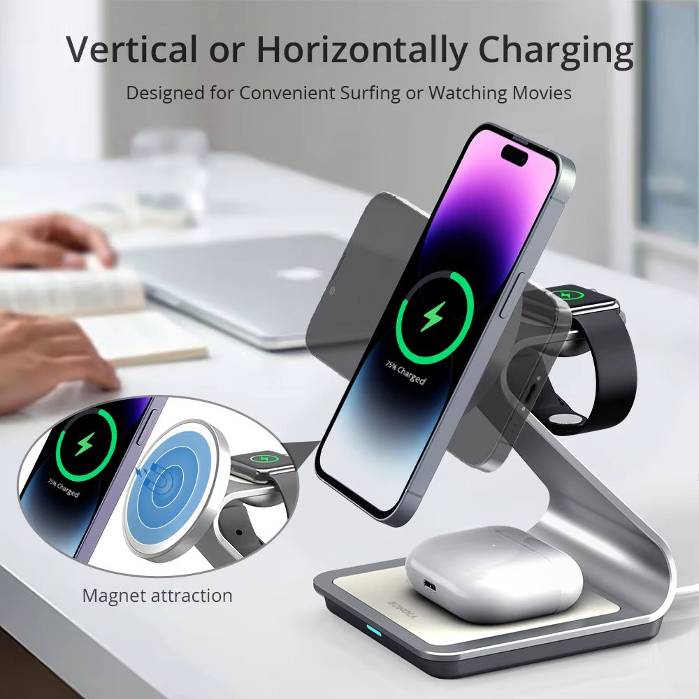 Elite iPhone 3-in-1 Magnetic Wireless Charging Station, 28W Fast-Charge Metal Dock for Phone, Watch & Earbuds with Aluminum Design